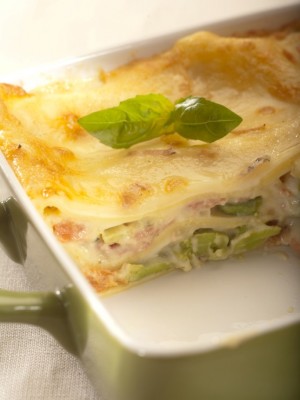 Lasagne z bobem, bazylią i serem taleggio